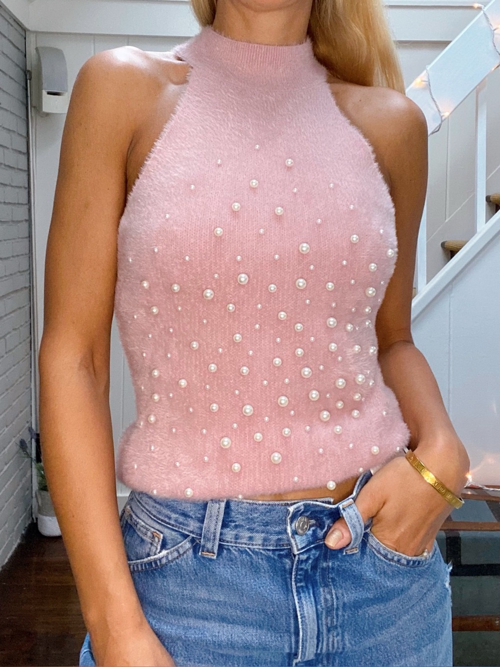 ZARA Sleeveless Pink Pearl-Embellished Halter Knit Top! 💕